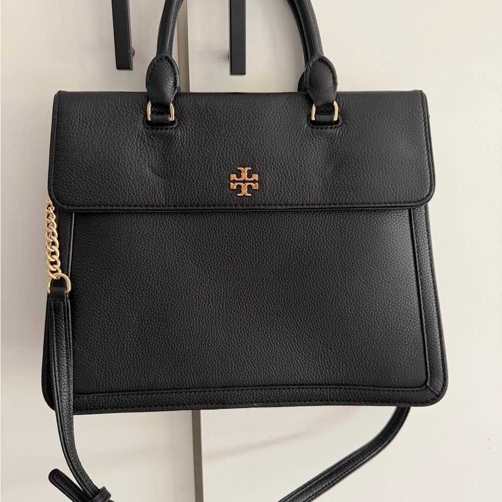 Tory Burch Black Leather Top-Handle Satchel with Strap & Gold Hardware